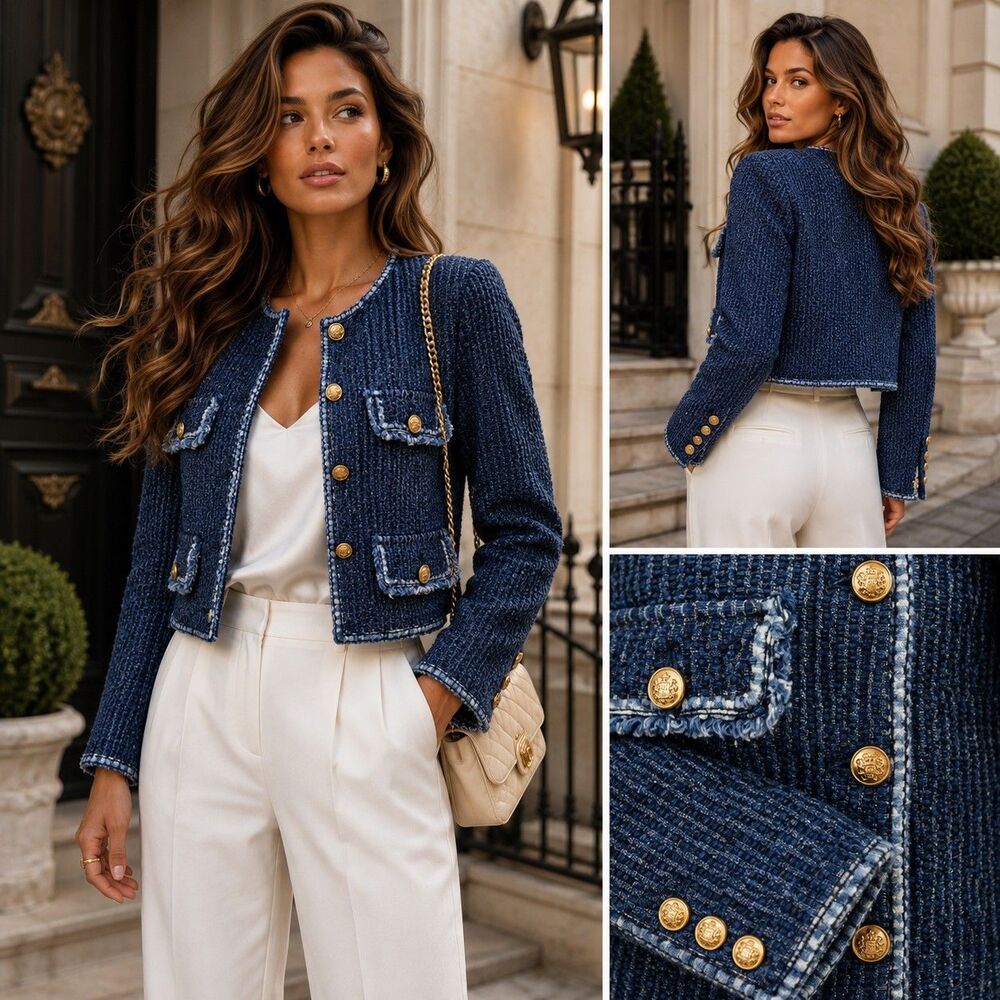 Suncoo Paris S Blue Tweed Cropped Blazer Jacket Gold Buttons Quiet Luxury Chic